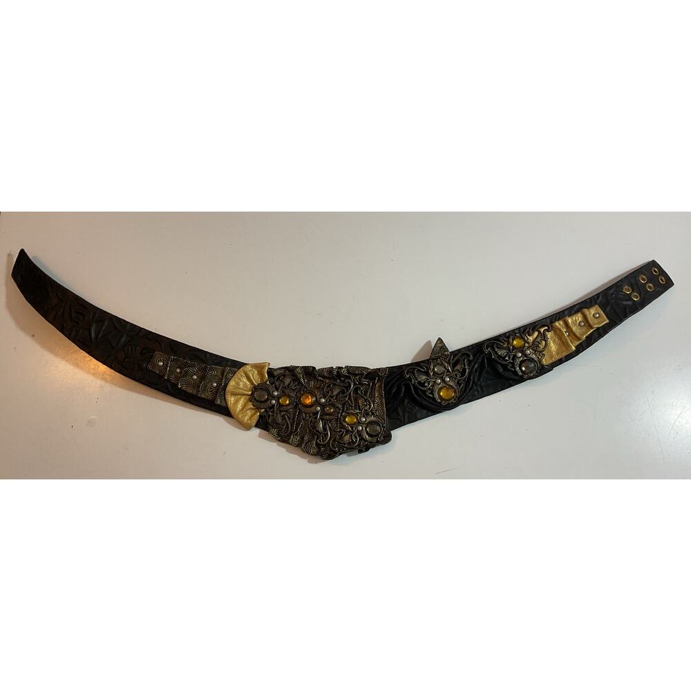 80s Nina Arjani Medium Leatherock Belt Rhinestones & Pearls Leather - Picture 2 of 10